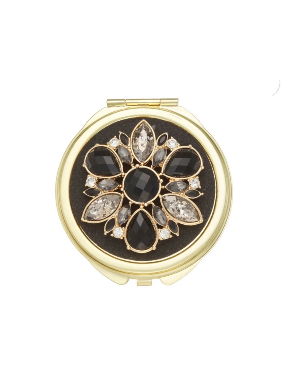 Beautiful Monet Compact Mirror Gold Tone Black Clear Crystals Flower Motif New